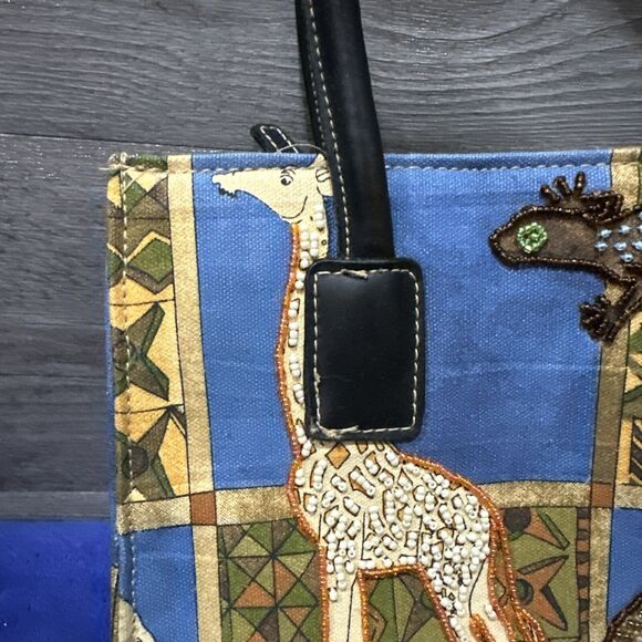 African Animals Handbag Purse Small/Cross Body Beaded Safari Neutral Tan Blue - Picture 3 of 11